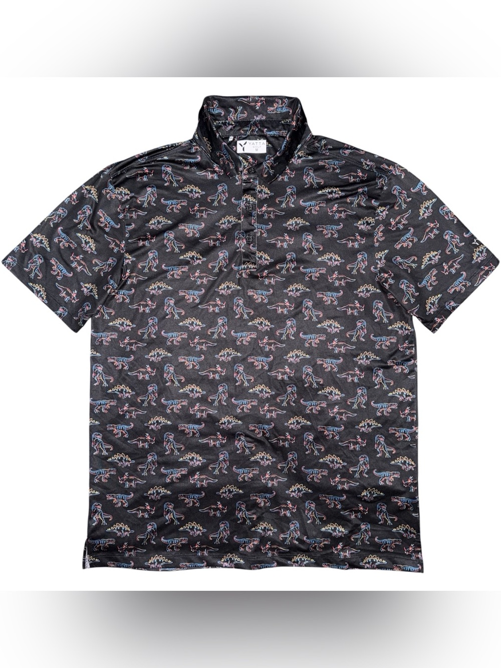 Yatta Golf Polo Shirt Performance Neon Dinosaur Print Men Medium Outdoor Stretch